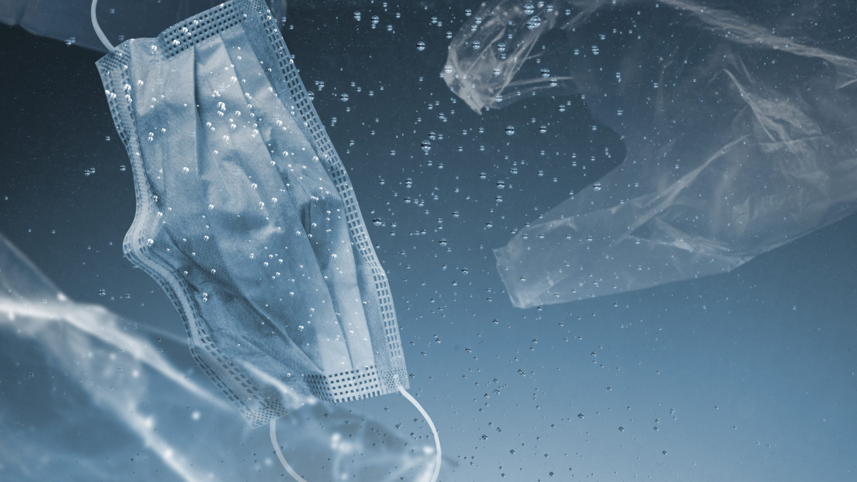 Save the ocean campaign face mask and plastic bags sinking in ocean remix media