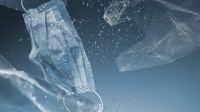 Save the ocean campaign face mask and plastic bags sinking in ocean remix media